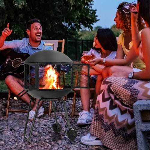 Slickblue 28 Inch Portable Fire Pit on Wheels with Log Grate-Black Perspective: left