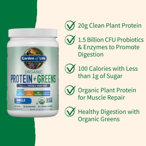 Garden of Life Organic Protein & Greens 20g Vegan Protein + 6 Veggies Vanilla Powder Perspective: left