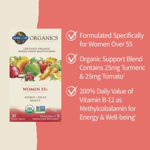 Garden of Life Organics Women 55+ Multivitamins for Energy, Focus & Beauty, Vegan Tablets Perspective: left