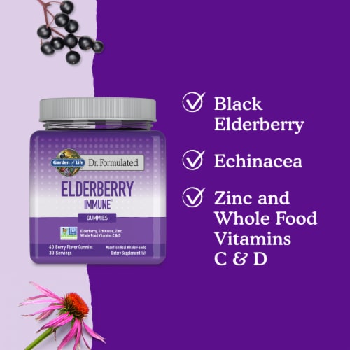 Garden of Life Dr. Formulated Elderberry Immune, Echinacea, Zinc & Vitamin C & D, Berry Gummies Perspective: left