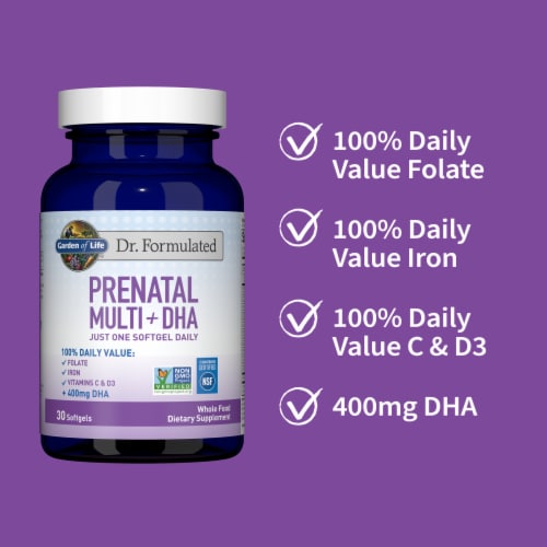 Garden of Life Dr. Formulated Prenatal Multi + DHA with Folate, Iron One a Day Softgels, 400 mg DHA Perspective: left