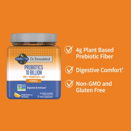Garden of Life Dr. Formulated Probiotics, Prebiotics, Vitamin D3, Orange Dream Gummies Perspective: left