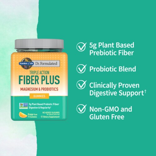 Garden of Life Dr. Formulated Triple Action Fiber Plus Magnesium & Probiotics, Orange Gummies Perspective: left