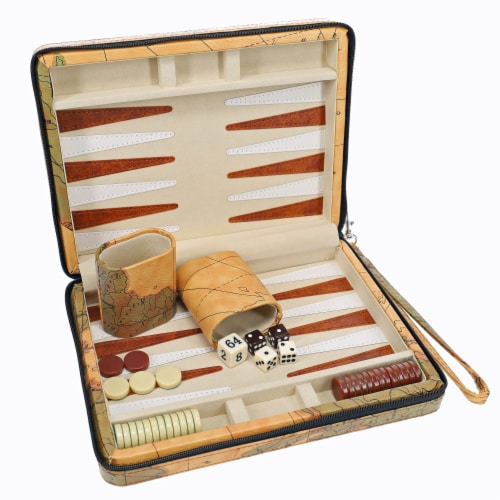 WE Games Tan Map Design Magnetic Backgammon Set, Leatherette, Travel Size Perspective: left