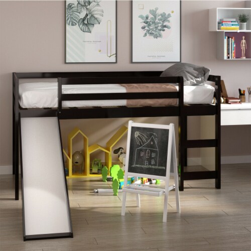 Twin Size Loft Bed with Slide Wood Low Sturdy Loft Bed for Kids Bedroom