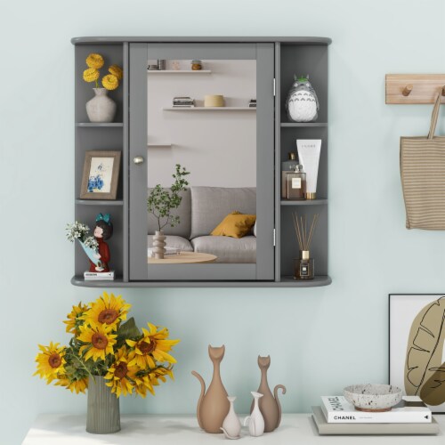 Wall Mounted Medicine Storage Cabinet Bathroom Organizer Cupboard W/Mirror Gray Perspective: left