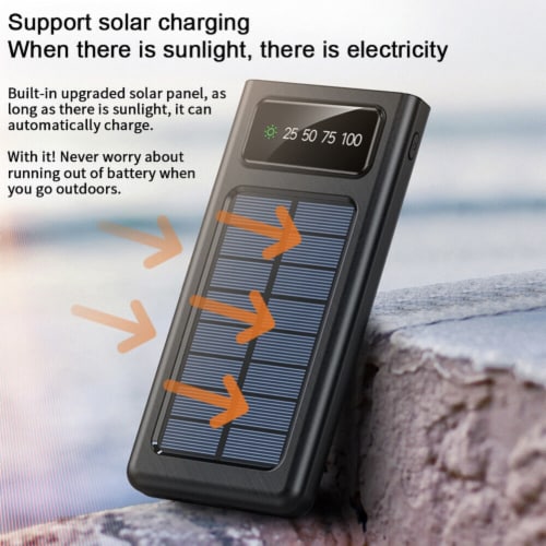 Solar Power Bank 20000Mah Built In 4 Cables Portable Charger W Dual LED Flash Perspective: left