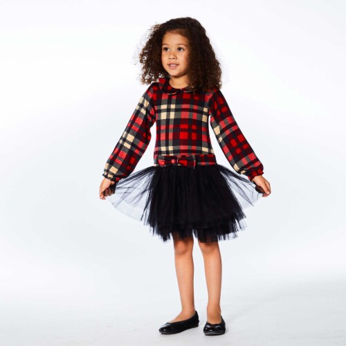 Plaid Dress With Long Sleeves And Mesh Skirt Perspective: left
