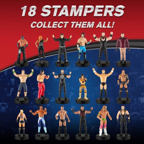 WWE Wrestler Stampers 5pk The Rock Mysterio Becky Lynch Ultimate Warrior PMI International Perspective: left