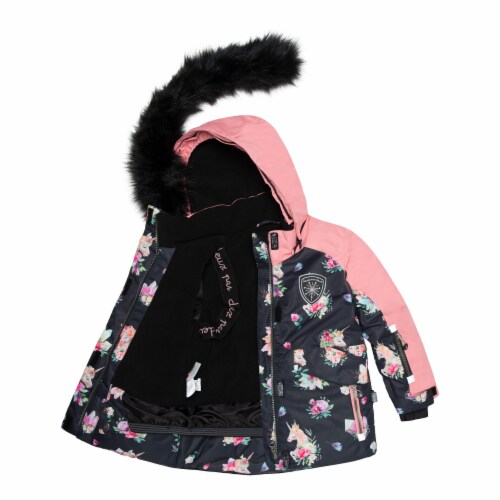 Printed Unicorns Two Piece Snowsuit Coral And Black Perspective: left