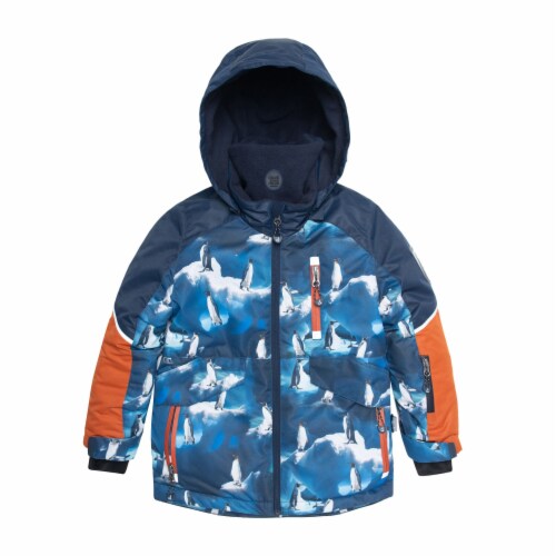 Two Piece Snowsuit Blue With Printed Penguins And Orange Perspective: left