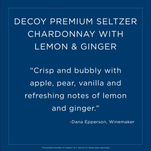 Decoy Premium Chardonnay with Lemon & Ginger Wine Hard Seltzer Low Calorie Perspective: left