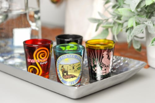 Parks and Recreation Location Logos 4 Piece Shot Glass Set Perspective: left