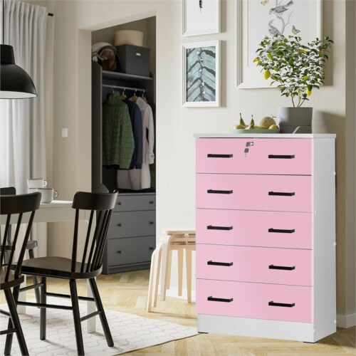 Better Home Products Cindy 5 Drawer Chest Wooden Dresser with Lock