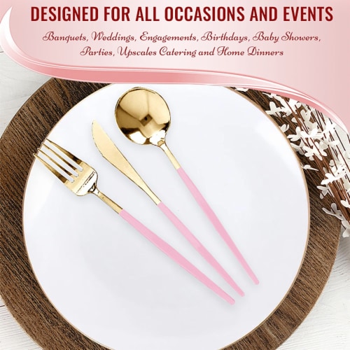 240 Forks - Gold with Pink Handle Moderno Disposable Plastic Dinner Forks Perspective: left