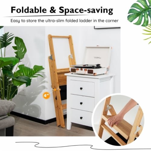 3 Step Ladder Foldable Bamboo Step Stool 330Lbs Capacity with Tool Storage Bag Perspective: left