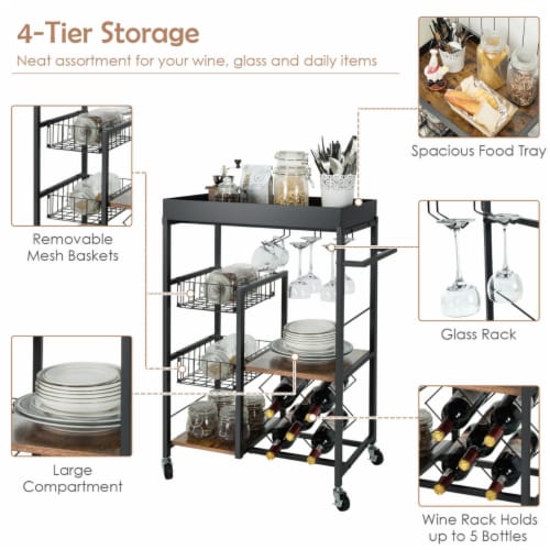 4-Tier Kitchen Bar Cart Rolling Serving Trolley Wine Rack Removable Tray Basket Perspective: left