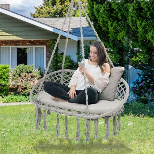 2 Person Hanging Hammock Chair w/ Cushion Macrame Swing 330 lbs Capacity Grey Perspective: left