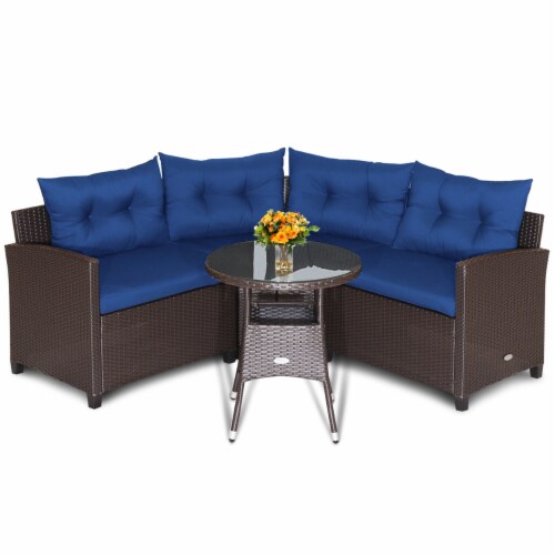 4PCS Wicker Patio Sofa Set Rattan Outdoor Furniture Set w Navy