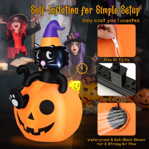 5FT Inflatable Halloween Decor Pumpkin with Witch's Black Cat w/ LED & Sandbags Perspective: left