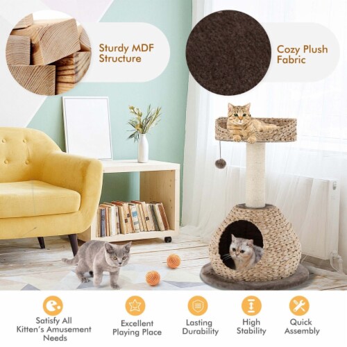 Gymax 28'' Hand-Made Cat Tree Tower Natural Bowl Shaped w/Perch Perspective: left