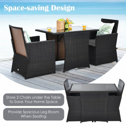 3PCS Patio Wicker Bistro Set PE Rattan Dining Table Set w/ Grey Cushions Perspective: left