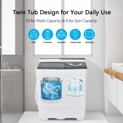 Portable Semi-automatic Washing Machine 26 lbs Twin Tub Laundry Washer Grey Perspective: left