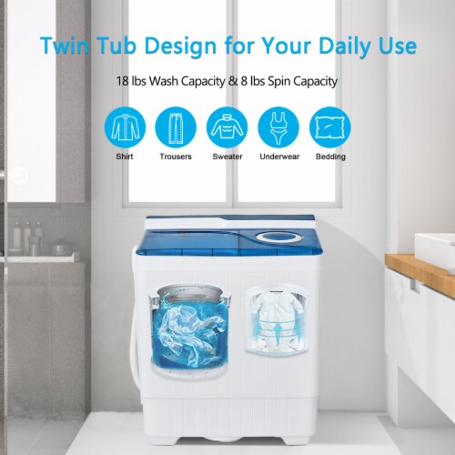 Portable Semi-automatic Washing Machine 26 lbs Twin Tub Laundry Washer Blue Perspective: left