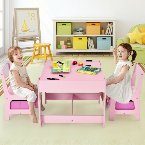 3 in 1 Kids Wood Table Chairs Set w/ Storage Box Blackboard Drawing Pink Perspective: left