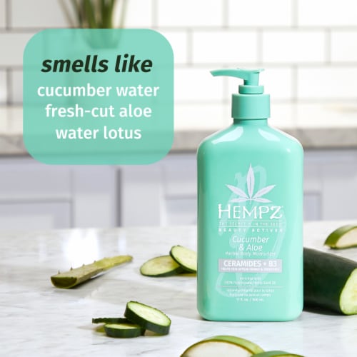 Hempz Beauty Actives Cucumber & Aloe Herbal Body Moisturizer with Ceramides + B3 Perspective: left