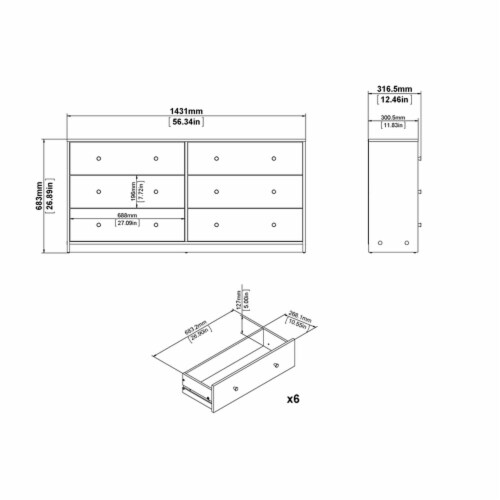 Levan Home Contemporary Wide 6 Drawer Double Bedroom Dresser in Oak Perspective: left