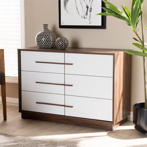 Levan Home Mette Mid-Century 6-Drawer Wood Dresser in White and Walnut Perspective: left