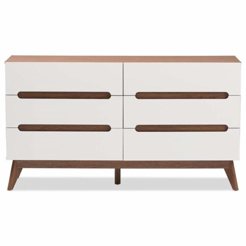 Levan Home Modern 6 Drawer Double Dresser in White and Walnut Perspective: left