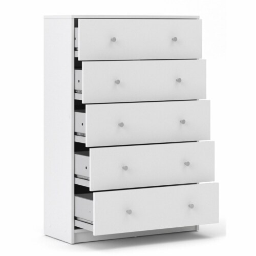 Levan Home Contemporary 5 Drawer Engineered Wood Chest/Bedroom Dresser in White Perspective: left