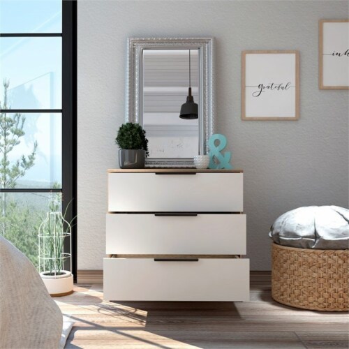 Levan Home 3 Drawer Bedroom Chest Dresser in White & Light Oak Perspective: left