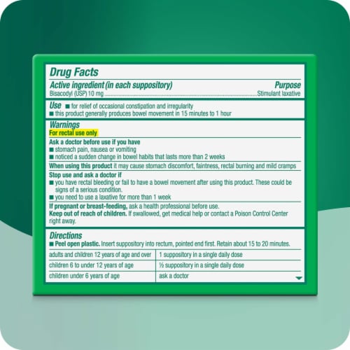 Dulcolax Stimulant Laxative Medicated Suppository Constipation Relief Bisacodyl 10 mg Perspective: left
