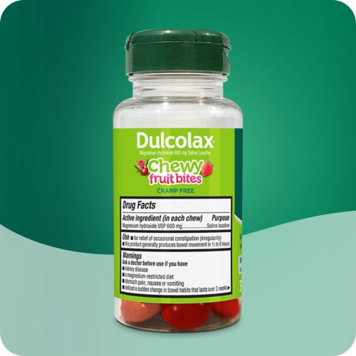 Dulcolax Saline Laxative Chewy Fruit Bites Constipation Relief Cherry Berry Magnesium Hydroxide Perspective: left