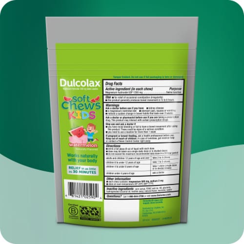 Dulcolax Kids Soft Chews Saline Laxative Constipation Relief Watermelon Magnesium Hydroxide Perspective: left