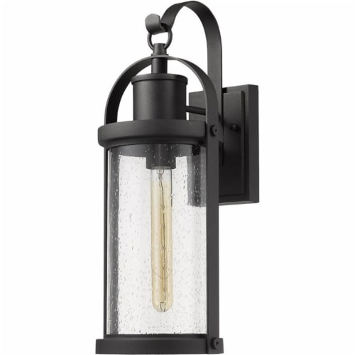 Z-Lite Roundhouse 20  Seedy Glass Aluminum Outdoor Wall Sconce in Black Perspective: left