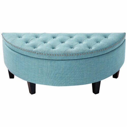 Posh Living Nathan Linen Modern Contemporary Button  Tufted Gold Nailhead Trim Half Moon Stor Perspective: left