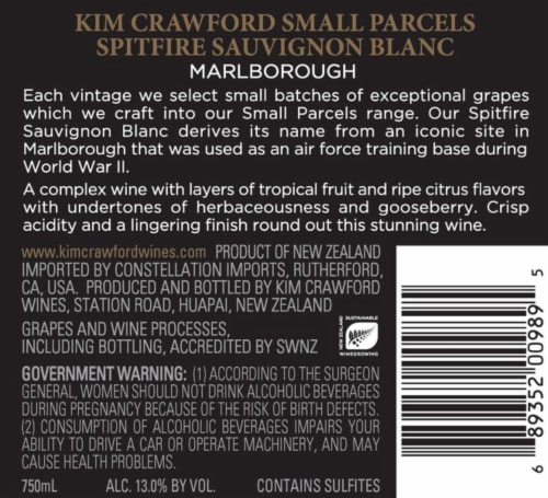 Kim Crawford Small Parcels Spitfire Sauvignon Blanc Perspective: left