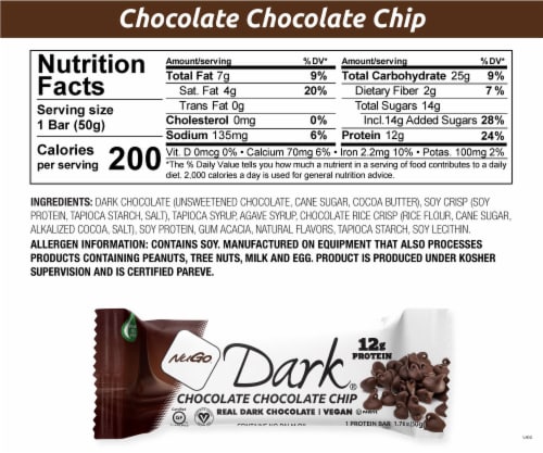 NuGo® Dark® Chocolate Chocolate Chip Gluten Free Vegan Protein Bar Perspective: left