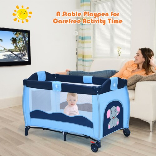 Blue Baby Crib Playpen Playard Pack Travel Infant Bassinet Bed Foldable Perspective: left