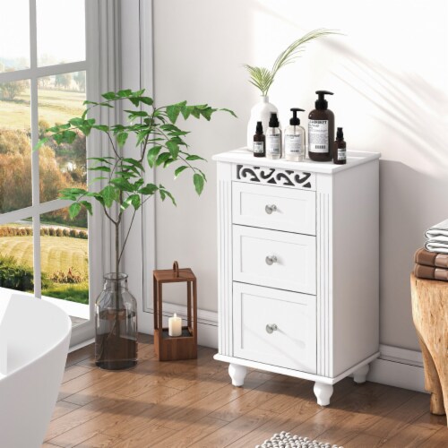 Bathroom Floor Cabinet Storage Organizer Nightstand Carved Design w/ 3 Drawers Perspective: left