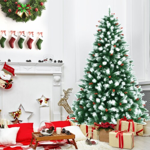 7ft Unlit Hinged Artificial Christmas Tree w/ Snow Flocked Tips and Red Berries Perspective: left