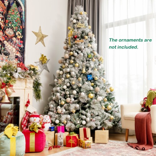Costway 8ft Snow Flocked Christmas Tree Glitter Tips w/ Pine Cone & Red Berries Perspective: left