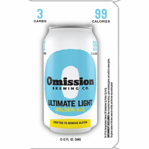 Omission Brewing Co. Ultimate Light Golden Ale Beer Cans Perspective: left