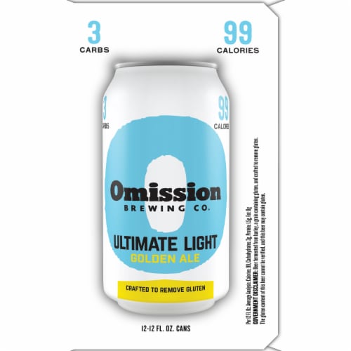 Omission Brewing Co. Ultimate Light Golden Ale Beer Cans Perspective: left
