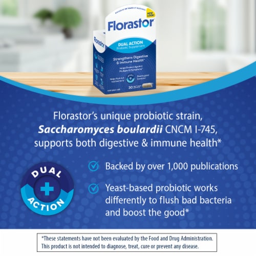 Florastor® Dual Action Probiotic Supplement Vegetarian Capsules Perspective: left