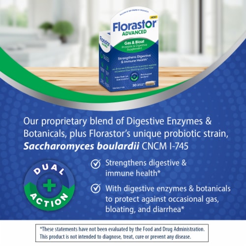 Florastor® Advanced Gas & Bloat Probiotic & Digestive Supplement Capsules Perspective: left